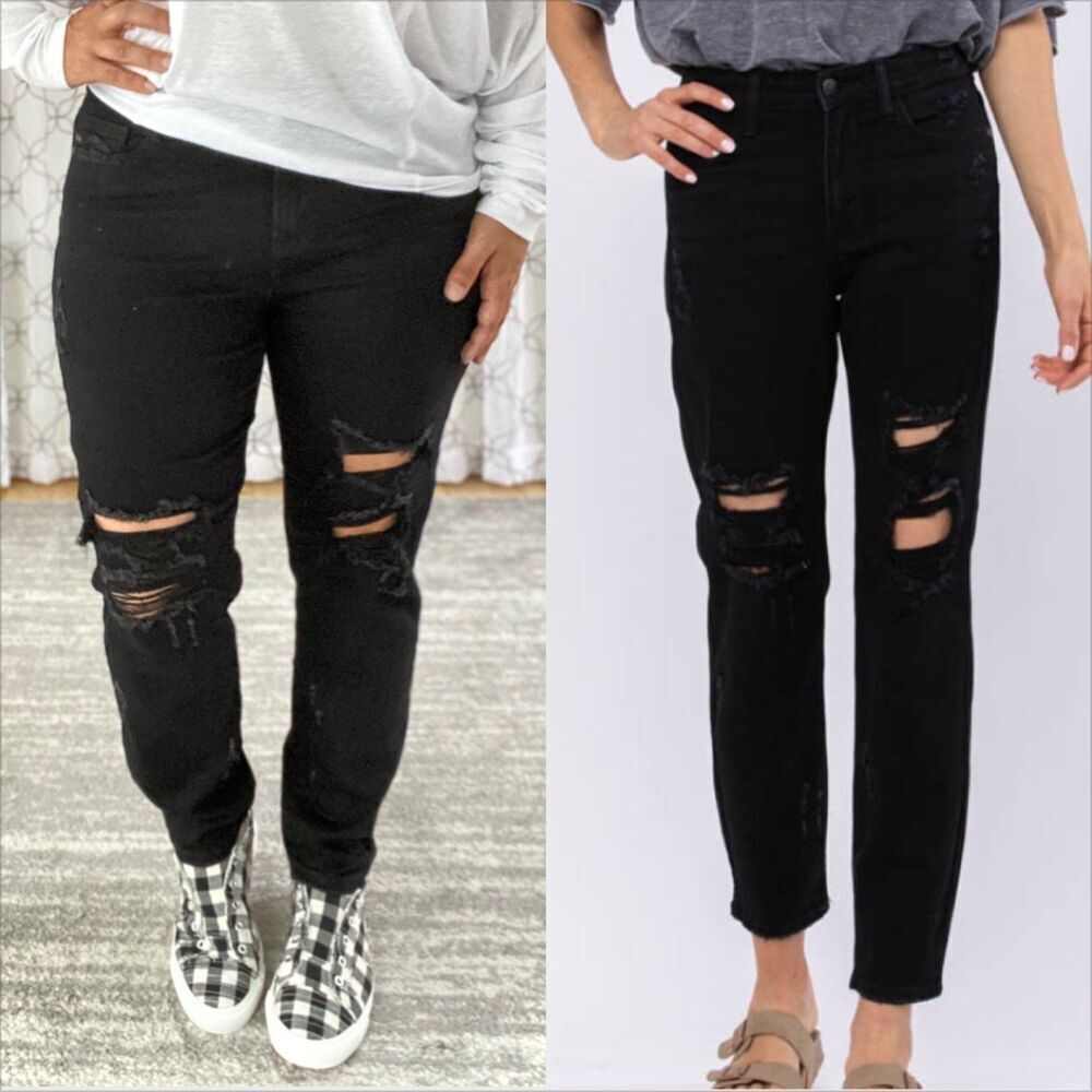 Judy Blue Boyfriend Jeans Size 11/30 Black High Rise Distressed Stretch